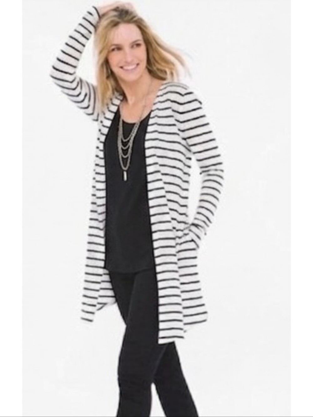 Chico's The Ultimate Tee Slub Knit Open Cardigan Black & White Striped Size XL